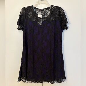 Nouvelle purple short sleeve top with black lace overlay size US 10 NEW NWT